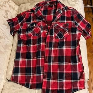 Black red and white button up shirt